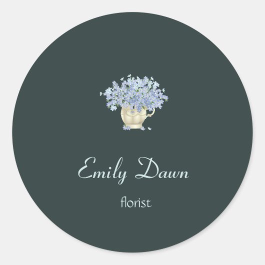 Blauwe bloemen in vasgrijs ronde sticker (Voorkant)