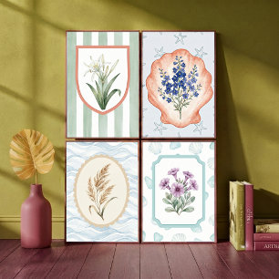 Blauwe Bloemen in Zeeschelp met Zeester Kustkunst Poster