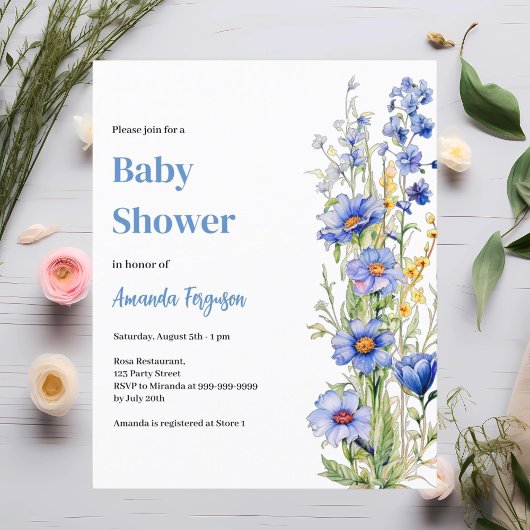 Blauwe bloemen jongen Baby shower uitnodiging