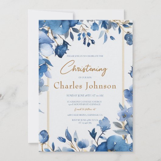 Blauwe Bloemen Jongen Bloemen Doop Kaart (Voorkant)
