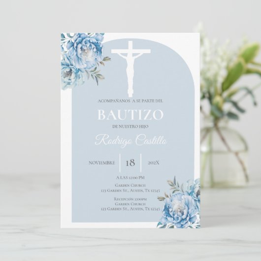 Blauwe bloemen jongen doop Spaans Kaart (Staand voorkant)