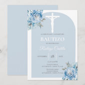 Blauwe bloemen jongen doop Spaans Kaart (Voorkant / Achterkant)