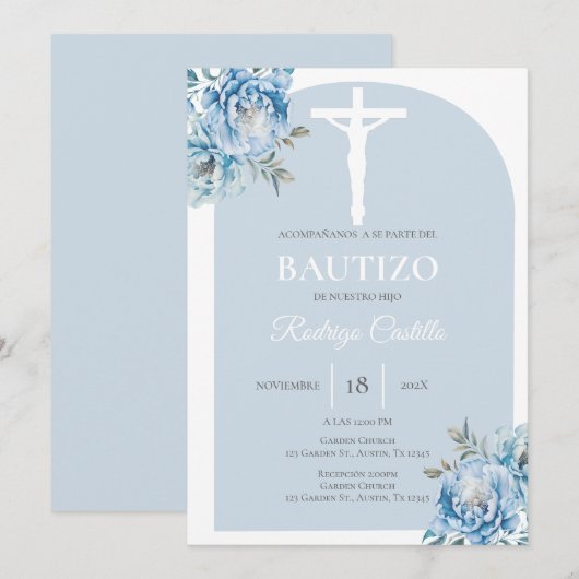 Blauwe bloemen jongen doop Spaans Kaart (Voorkant / Achterkant)