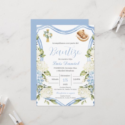 Blauwe bloemen jongen doop uitnodiging Spaans (Voorkant / Achterkant in situ)