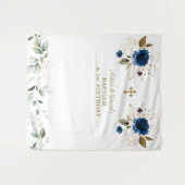 Blauwe Bloemen Jongens Tweeling 1e Verjaardag Doop Wandkleed (Voorkant (horizontaal))