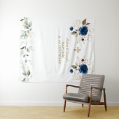 Blauwe Bloemen Jongens Tweeling 1e Verjaardag Doop Wandkleed (In Situ (horizontaal))