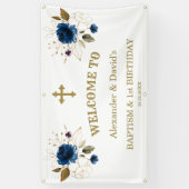 Blauwe bloemen jongens tweeling 1e verjaardag Welk Spandoek (Verticaal)