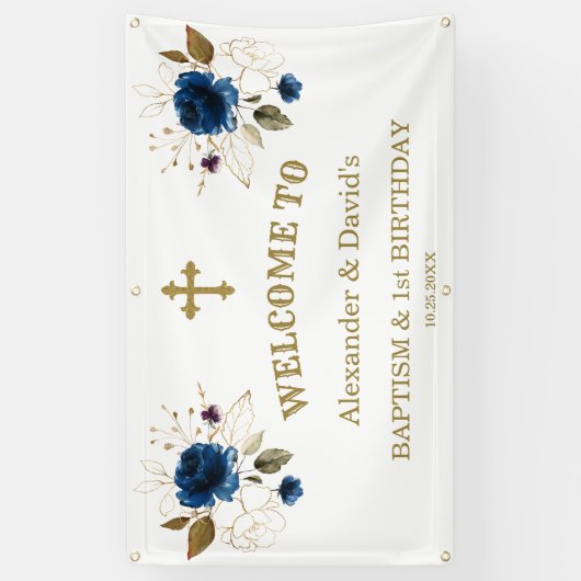 Blauwe bloemen jongens tweeling 1e verjaardag Welk Spandoek (Verticaal)