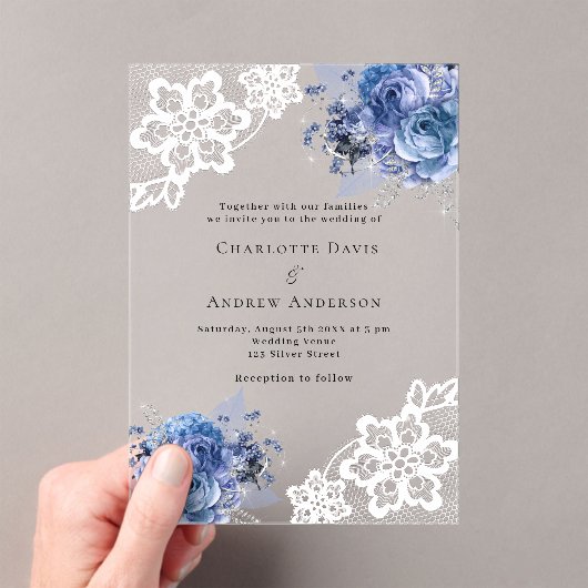 Blauwe bloemen kant bruiloft acryl uitnodigingen (Insitu (Draagbaar))