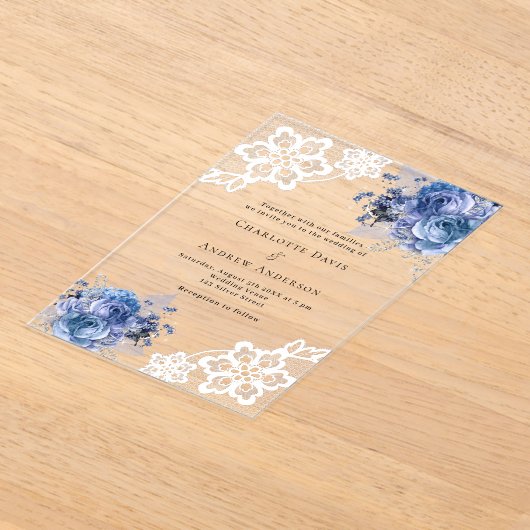 Blauwe bloemen kant bruiloft acryl uitnodigingen (Laagn)