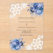 Blauwe bloemen kant bruiloft acryl uitnodigingen (Voorkant)