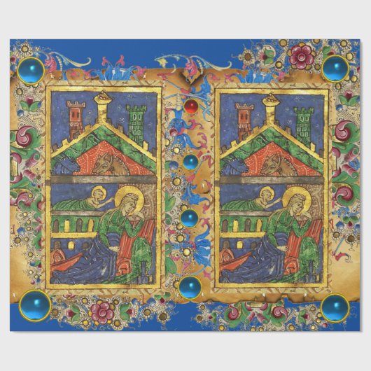 BLAUWE BLOEMEN KERSTPERKAMENT EN PARELTJES CADEAUPAPIER (Vlak)