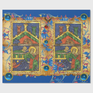 BLAUWE BLOEMEN KERSTPERKAMENT EN PARELTJES CADEAUPAPIER