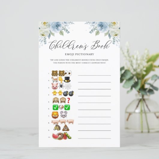 Blauwe bloemen Kinderboeken Emoji Baby shower Game (Staand voorkant)