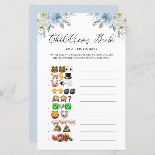 Blauwe bloemen Kinderboeken Emoji Baby shower Game (Voorkant / Achterkant)