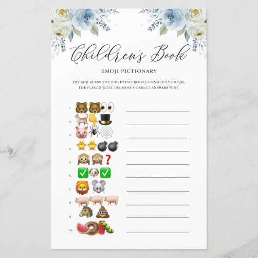 Blauwe bloemen Kinderboeken Emoji Baby shower Game (Voorkant)