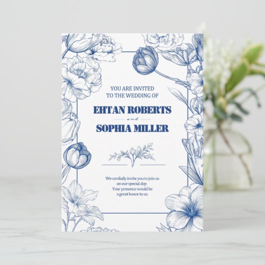 Blauwe Bloemen Klassieke Huwelijksuitnodiging Kaart (Staand voorkant)