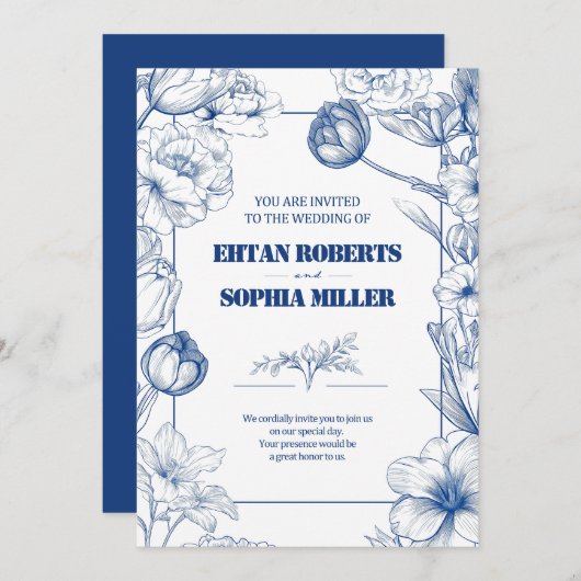 Blauwe Bloemen Klassieke Huwelijksuitnodiging Kaart (Voorkant / Achterkant)