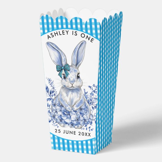 Blauwe Bloemen Konijn 1e Verjaardag voor Kinderen Bedankdoosjes (Voorkant)