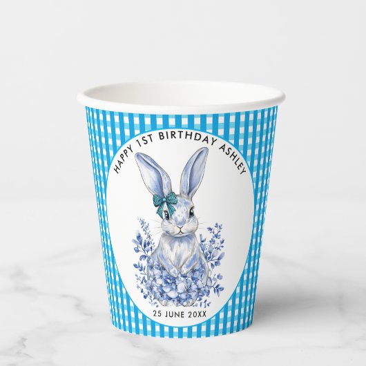 Blauwe Bloemen Konijn 1e Verjaardag voor Kinderen Papieren Bekers (Voorkant)