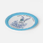 Blauwe Bloemen Konijn 1e Verjaardag voor Kinderen Papieren Bordje (Gekanteld)