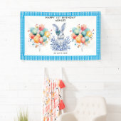 Blauwe Bloemen Konijn 1e Verjaardag voor Kinderen Spandoek (Insitu)