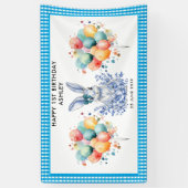 Blauwe Bloemen Konijn 1e Verjaardag voor Kinderen Spandoek (Verticaal)