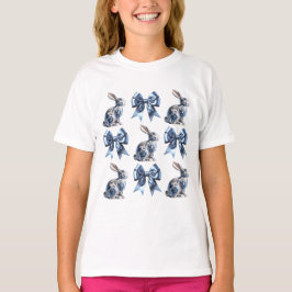 Blauwe bloemen konijnen en bogen t-shirt