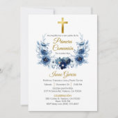 Blauwe bloemen krans eerste communie in het Spaans Kaart (Voorkant)