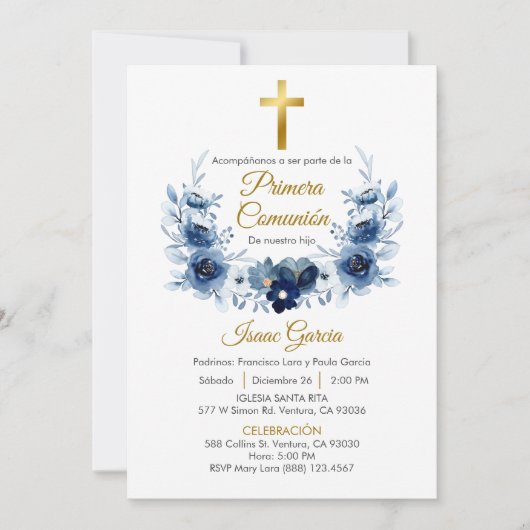 Blauwe bloemen krans eerste communie in het Spaans Kaart (Voorkant)