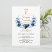 Blauwe bloemen krans eerste communie in het Spaans Kaart (Staand voorkant)