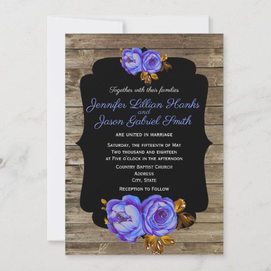 Blauwe bloemen, krijtbord rustiek bruin hout bruil kaart (Voorkant)