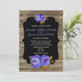 Blauwe bloemen, krijtbord rustiek bruin hout bruil kaart (Staand voorkant)
