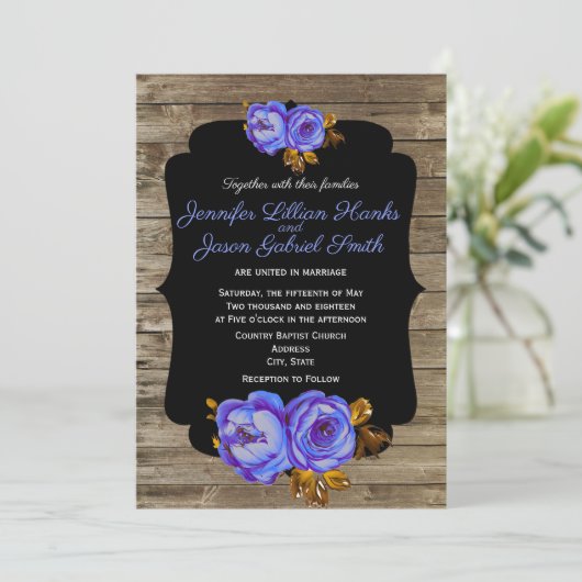 Blauwe bloemen, krijtbord rustiek bruin hout bruil kaart (Staand voorkant)