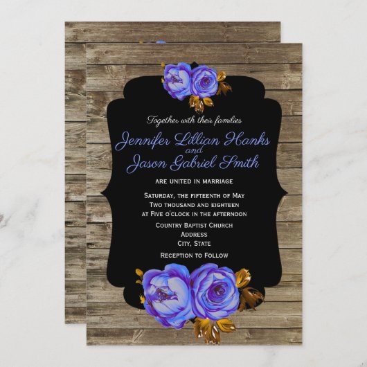 Blauwe bloemen, krijtbord rustiek bruin hout bruil kaart (Voorkant / Achterkant)