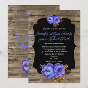 Blauwe bloemen, krijtbord rustiek bruin hout bruil kaart