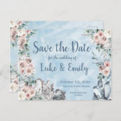 Blauwe Bloemen & Kristallen Bruiloft Save the Date Briefkaart (Voorkant / Achterkant)