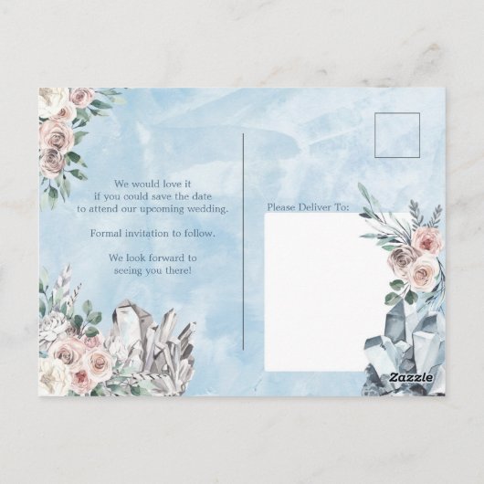 Blauwe Bloemen & Kristallen Bruiloft Save the Date Briefkaart (Achterkant)