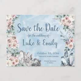 Blauwe Bloemen & Kristallen Bruiloft Save the Date Briefkaart