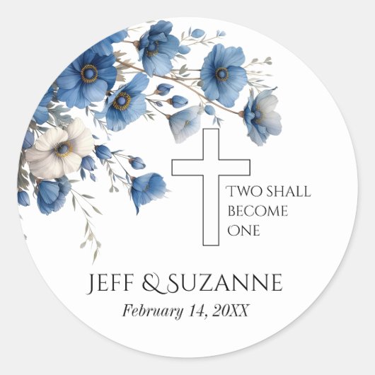 Blauwe bloemen kruis twee wordt een bruiloft ronde sticker (Voorkant)