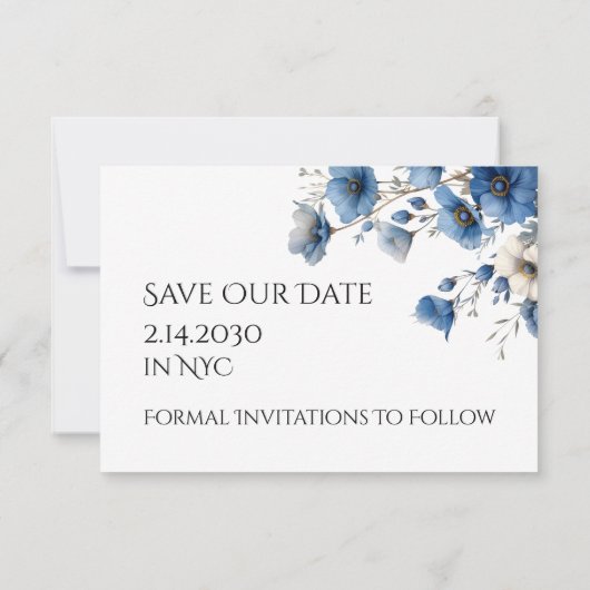 Blauwe bloemen kruis twee wordt een bruiloft save the date (Achterkant)