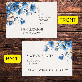Blauwe bloemen kruis twee wordt een bruiloft save the date