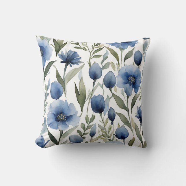 Blauwe Bloemen Kunst Bloemontwerp Kussen (Voorkant)