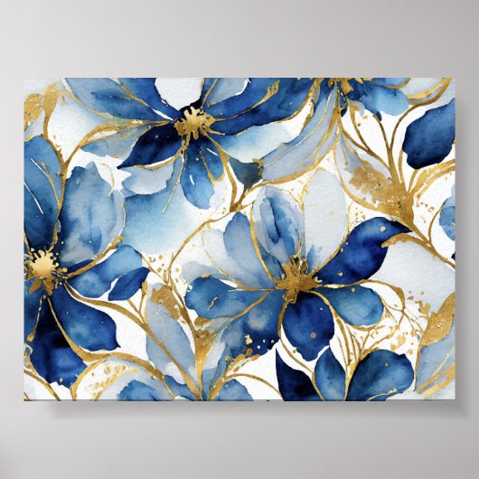 Blauwe Bloemen Kunstdruk met Gouden Accenten Poster (Voorkant)