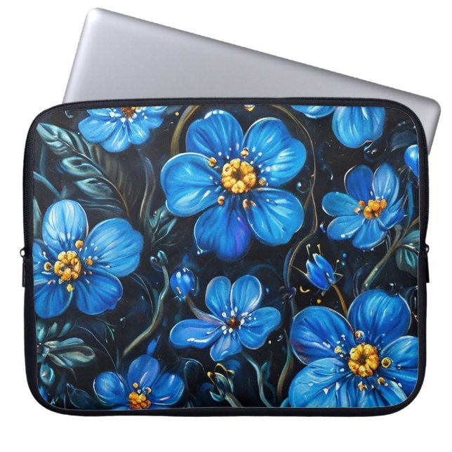 Blauwe bloemen laptop sleeve (Voorkant)
