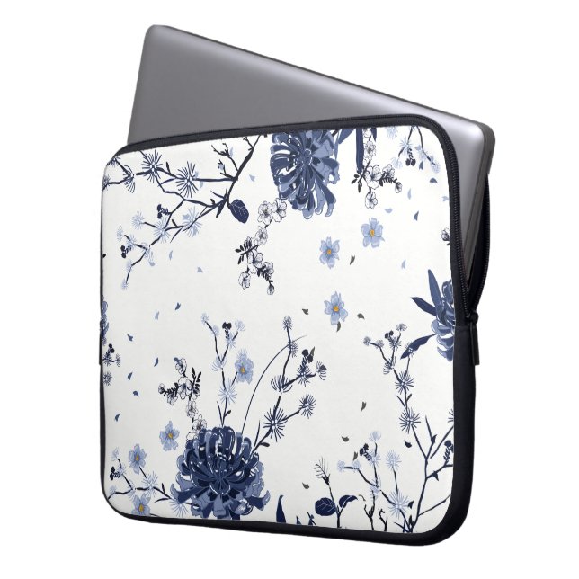 Blauwe bloemen laptop sleeve (Voorkant Links)