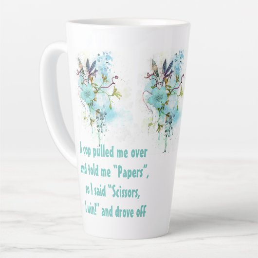 Blauwe bloemen latte cup: "Schaar!" Humor Latte Cu Latte Mok (Linkerhoek)