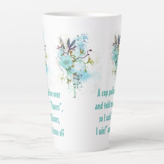 Blauwe bloemen latte cup: "Schaar!" Humor Latte Cu Latte Mok (Voorkant)