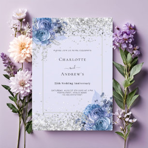 Blauwe bloemen lavendel zilver 25e bruiloft kaart