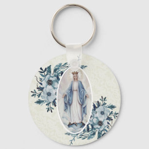 Blauwe Bloemen Madonna   Maagdelijke Mary   Kant Sleutelhanger
